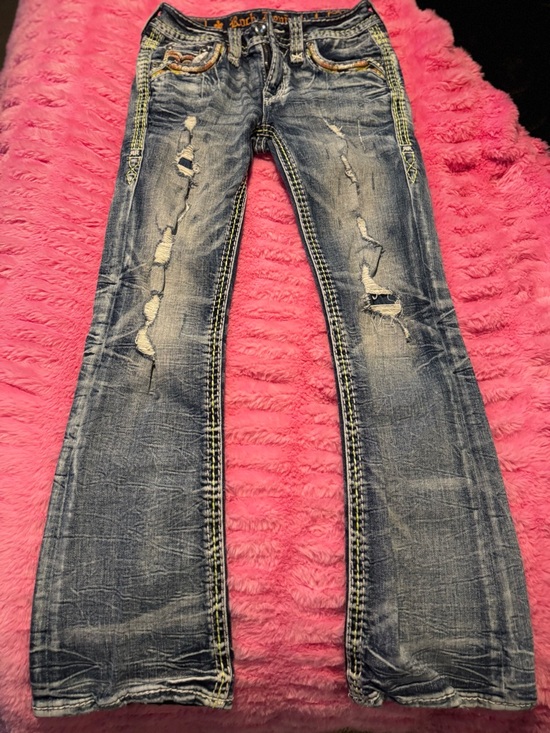 Rock Revival Denim - Rock Revival Distressed Blue Flare Jeans with Contrast Stitching